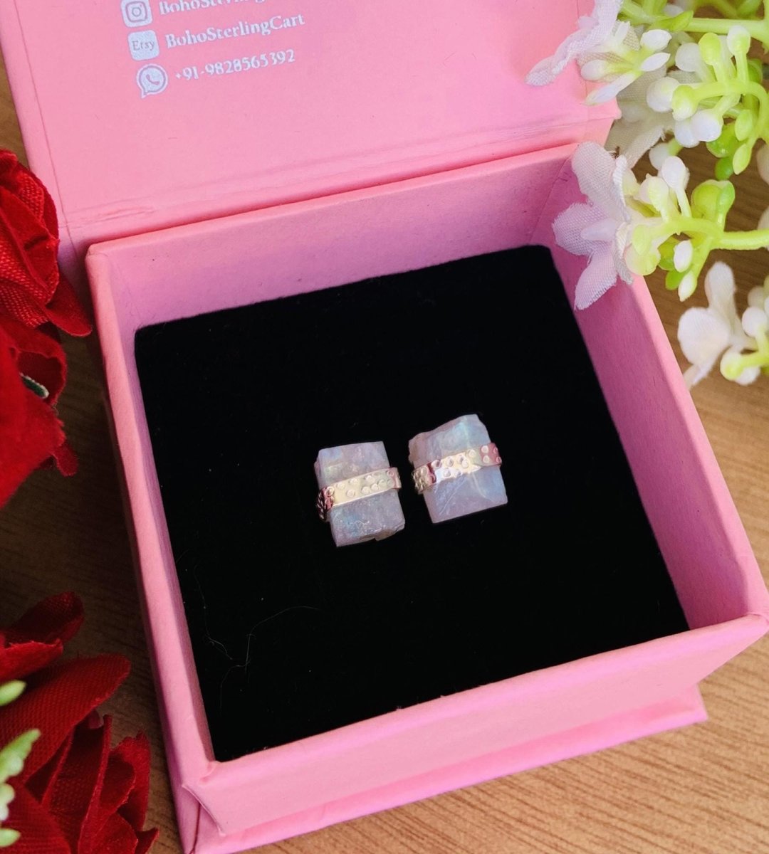 Raw Natural Rainbow Moonstone Studs Earring ~ Dainty Silver & Gold Silver Studs ~ Simple small studs ~ Rectangle White Stone ~ Gift For Her - BeadsBoatInc