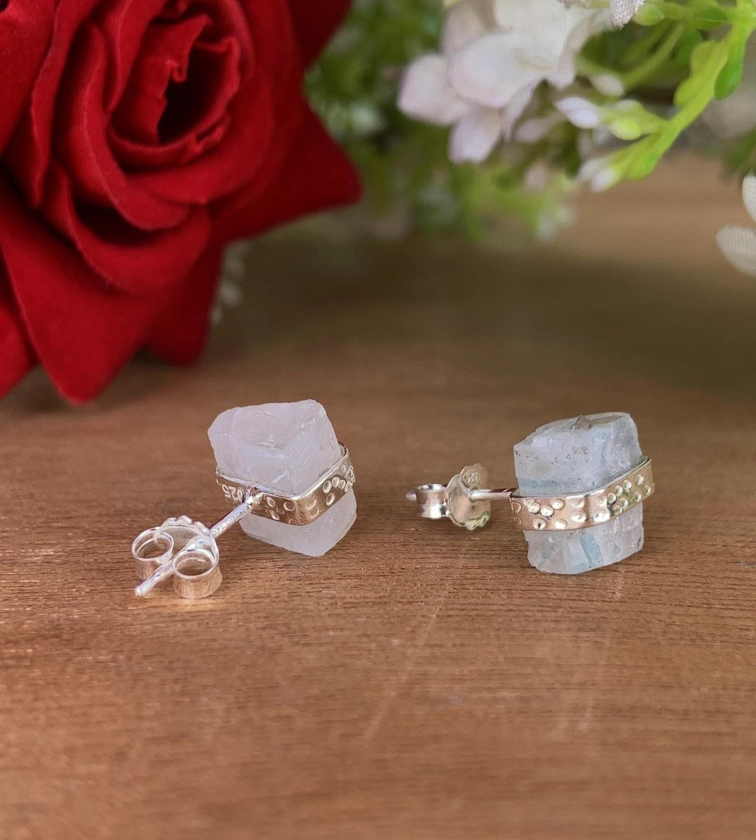 Raw Natural Rainbow Moonstone Studs Earring ~ Dainty Silver & Gold Silver Studs ~ Simple small studs ~ Rectangle White Stone ~ Gift For Her - BeadsBoatInc