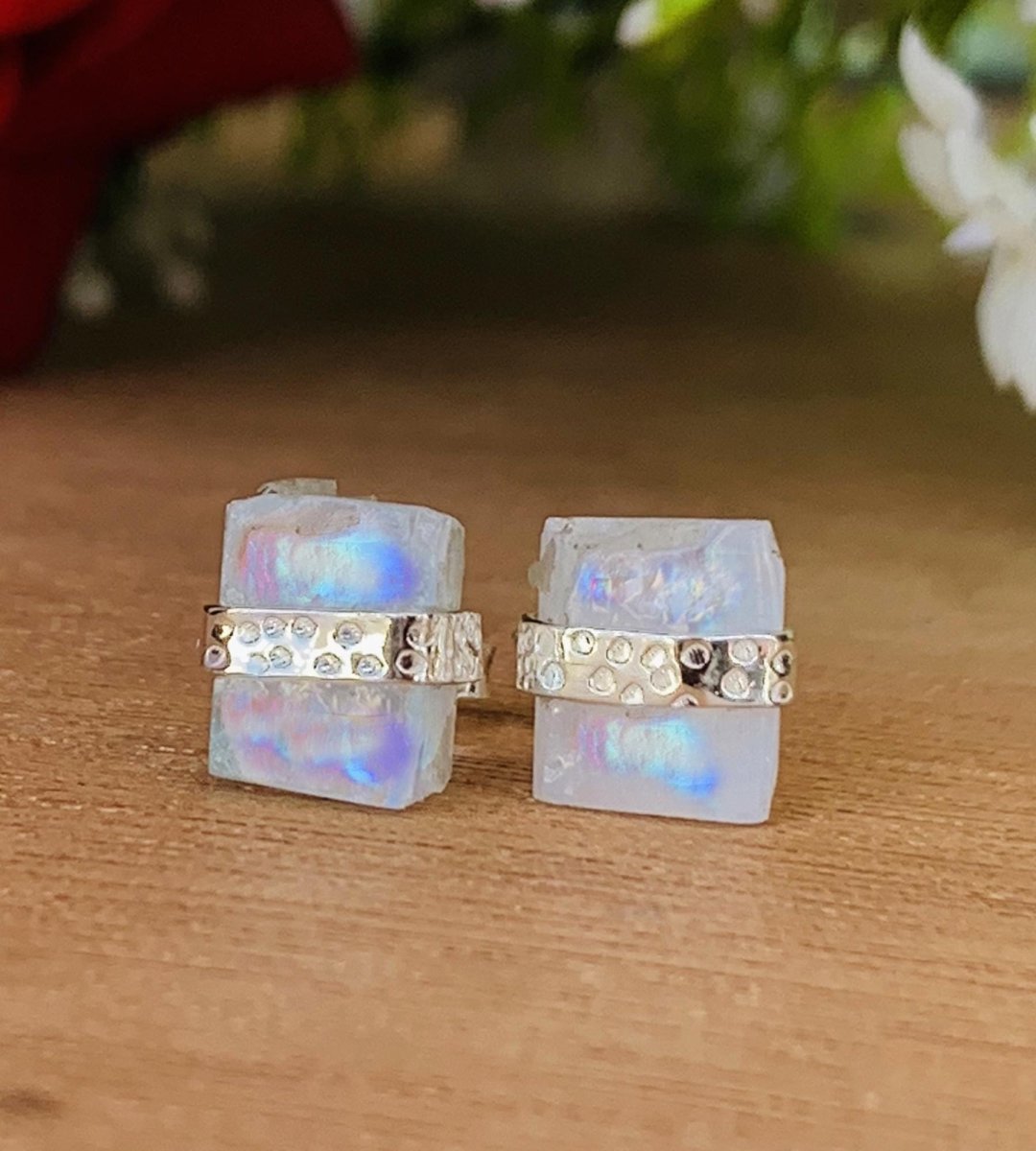 Raw Natural Rainbow Moonstone Studs Earring ~ Dainty Silver & Gold Silver Studs ~ Simple small studs ~ Rectangle White Stone ~ Gift For Her - BeadsBoatInc