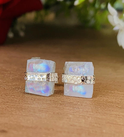Raw Natural Rainbow Moonstone Studs Earring ~ Dainty Silver & Gold Silver Studs ~ Simple small studs ~ Rectangle White Stone ~ Gift For Her - BeadsBoatInc