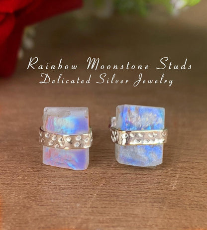 Raw Natural Rainbow Moonstone Studs Earring ~ Dainty Silver & Gold Silver Studs ~ Simple small studs ~ Rectangle White Stone ~ Gift For Her - BeadsBoatInc