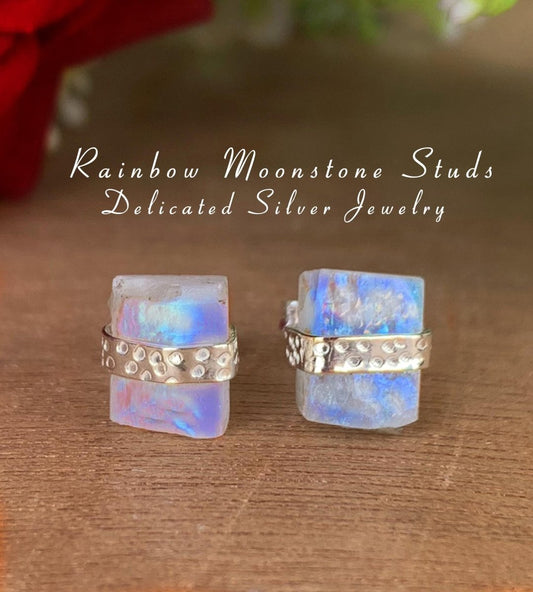 Raw Natural Rainbow Moonstone Studs Earring ~ Dainty Silver & Gold Silver Studs ~ Simple small studs ~ Rectangle White Stone ~ Gift For Her - BeadsBoatInc