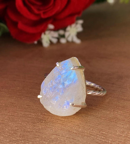 Raw Pear Moonstone Ring – Twisted Band Design, Gift for Her - BeadsBoatInc