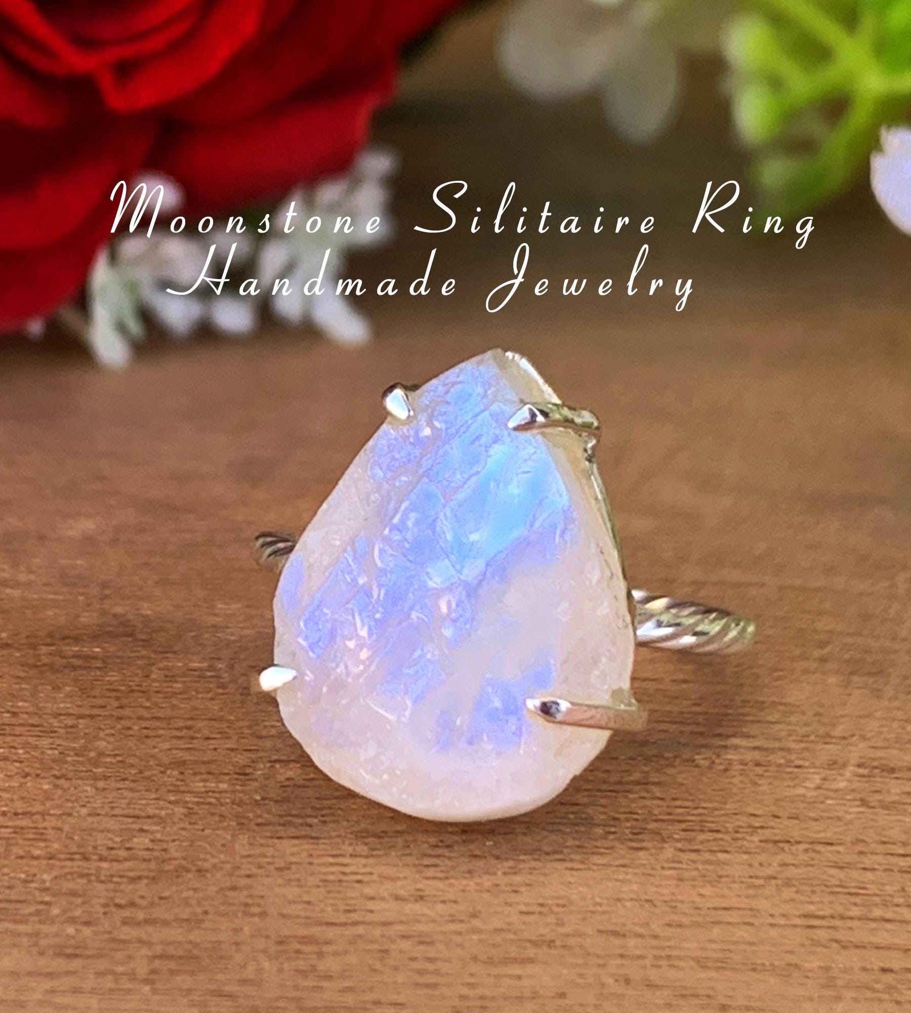 Raw Pear Moonstone Ring – Twisted Band Design, Gift for Her - BeadsBoatInc