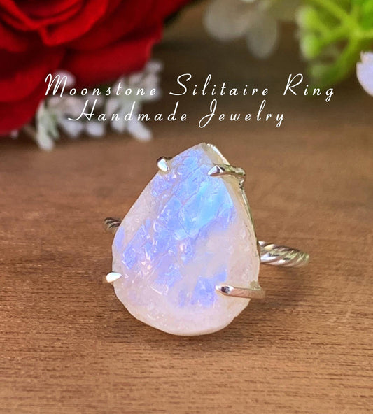 Raw Pear Moonstone Ring – Twisted Band Design, Gift for Her - BeadsBoatInc