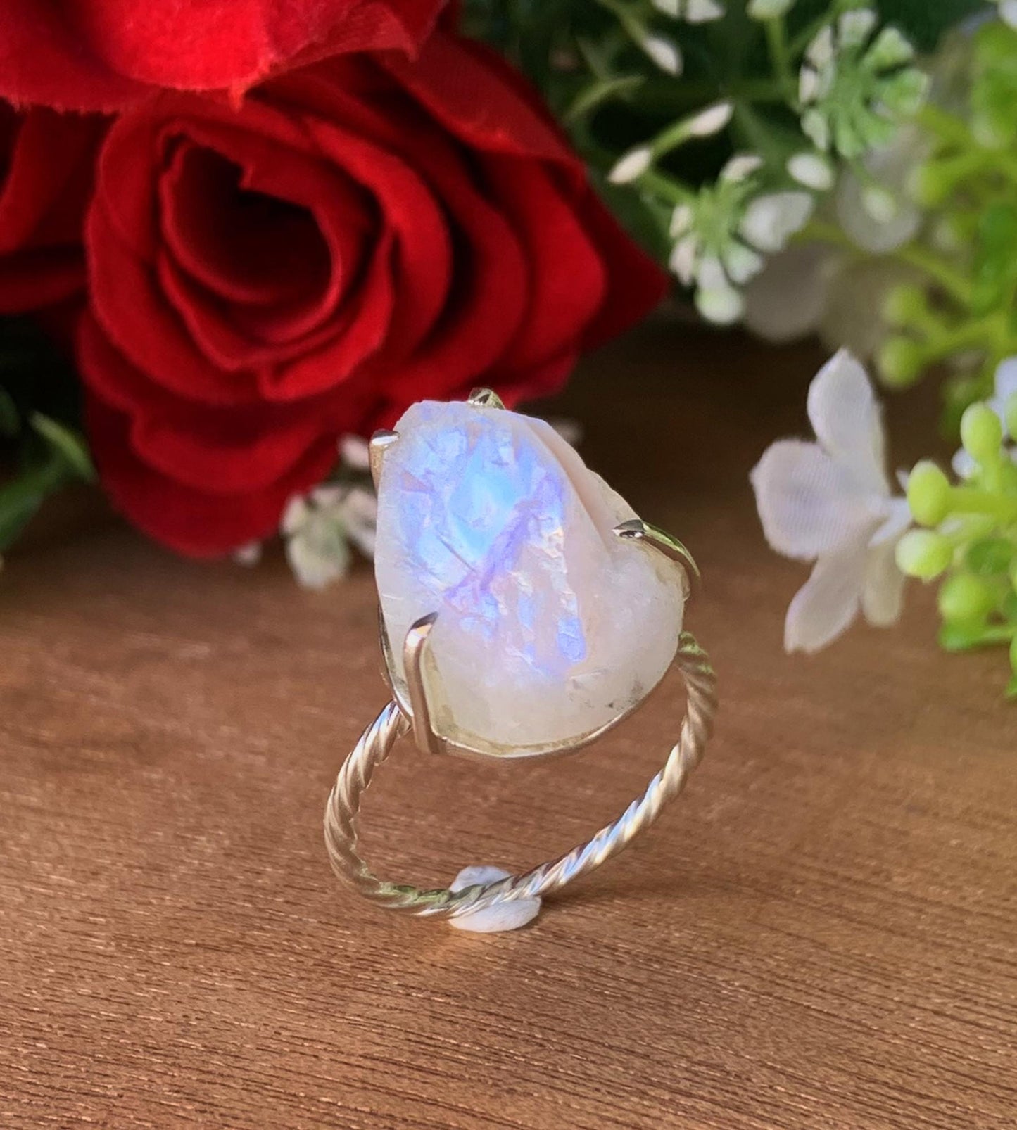 Raw Pear Moonstone Ring – Twisted Band Design, Gift for Her - BeadsBoatInc