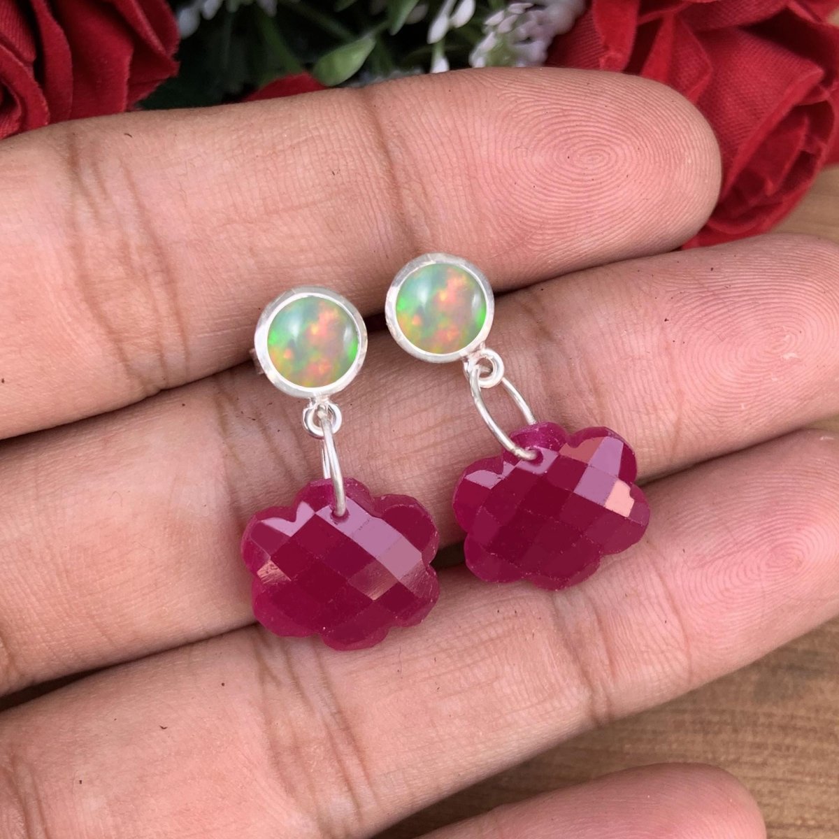 Red Quartz & Opal Earrings in 925 Sterling Silver Flower Dangle Drop Earrings - BeadsBoatInc