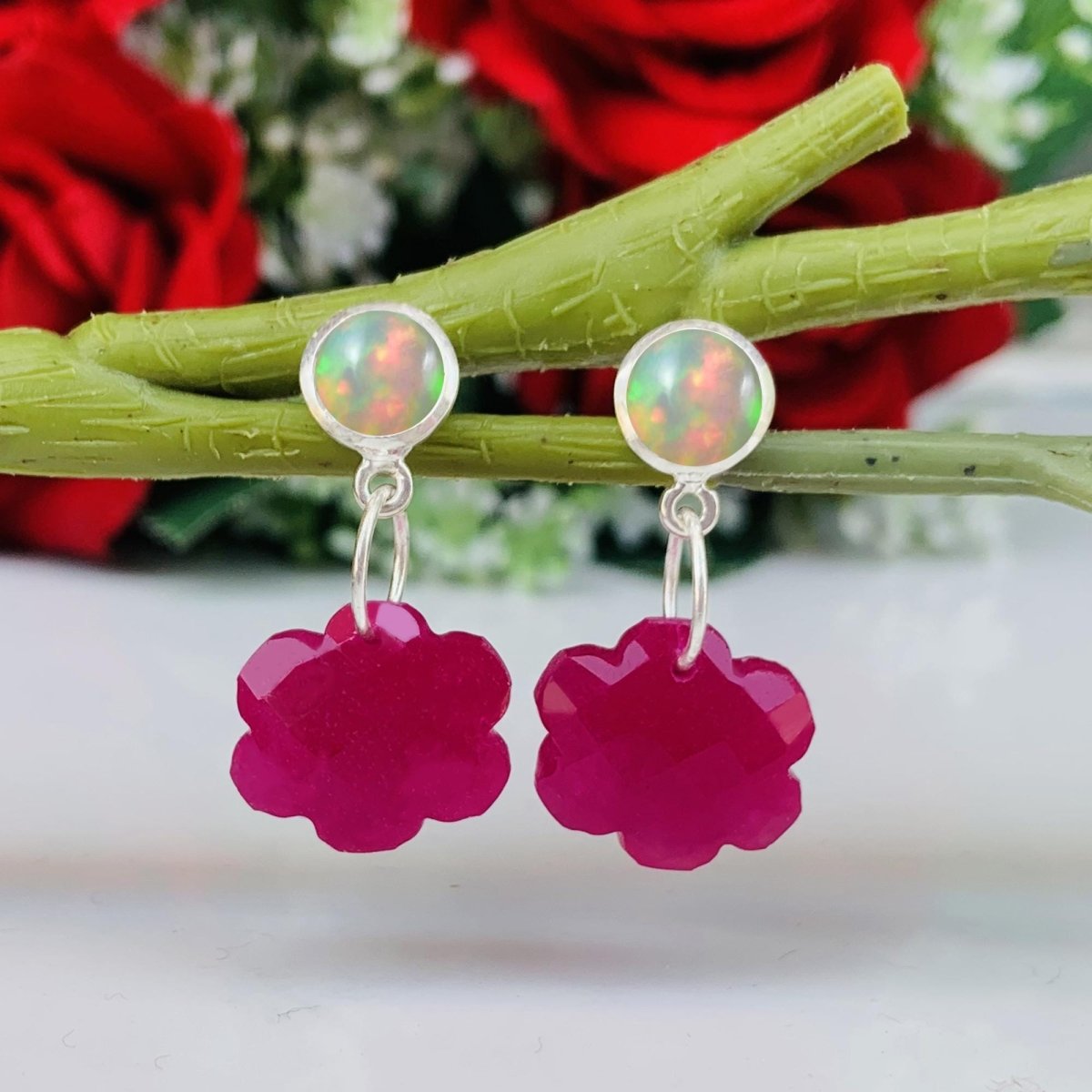 Red Quartz & Opal Earrings in 925 Sterling Silver Flower Dangle Drop Earrings - BeadsBoatInc
