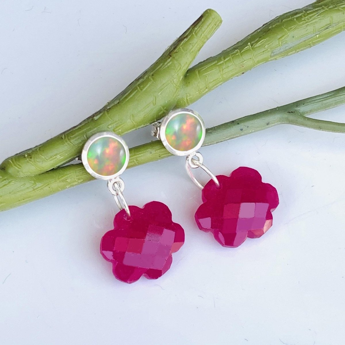 Red Quartz & Opal Earrings in 925 Sterling Silver Flower Dangle Drop Earrings - BeadsBoatInc