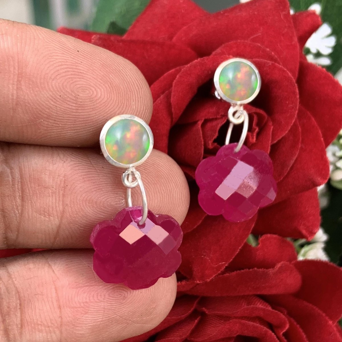 Red Quartz & Opal Earrings in 925 Sterling Silver Flower Dangle Drop Earrings - BeadsBoatInc