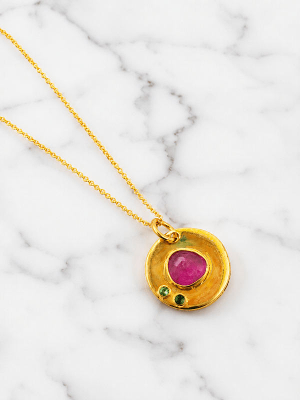 Rose Cut Ruby Gold Plated Pendant Necklace - 925 Sterling Silver - BeadsBoatInc