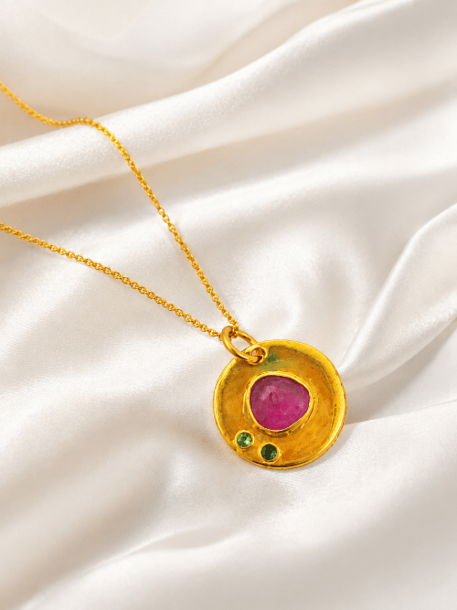 Rose Cut Ruby Gold Plated Pendant Necklace - 925 Sterling Silver - BeadsBoatInc