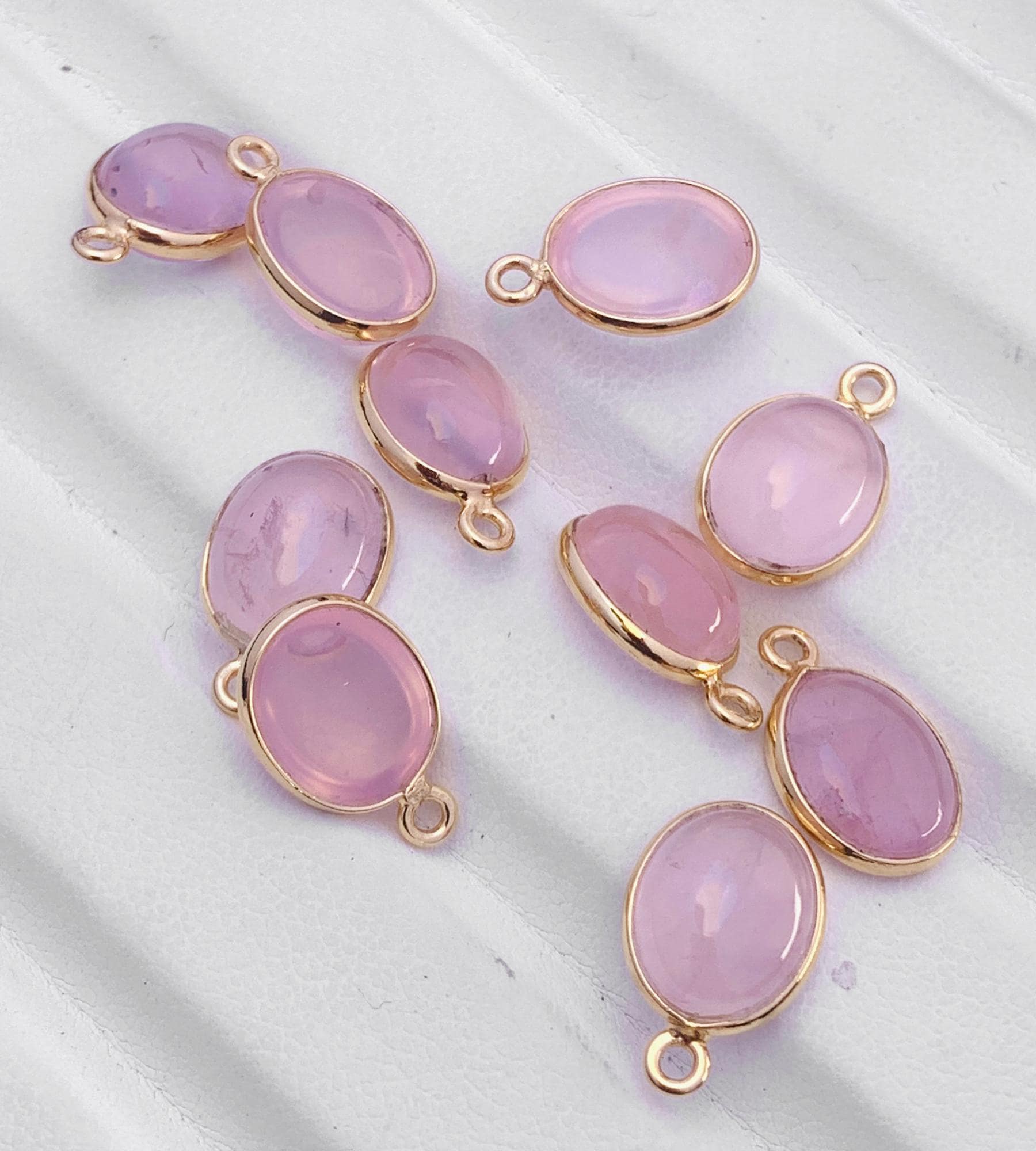 Rose Quart Silver & Gold Bezel Connectors ~ Oval shape Charms ~ Link Components for Earrings, Bracelets, Jewelry Making supplies - BeadsBoatInc