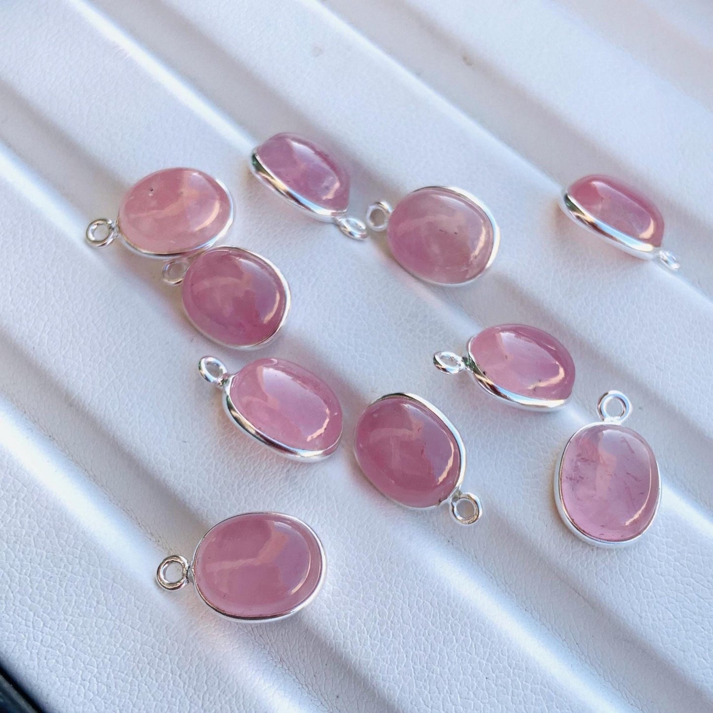 Rose Quart Silver & Gold Bezel Connectors ~ Oval shape Charms ~ Link Components for Earrings, Bracelets, Jewelry Making supplies - BeadsBoatInc