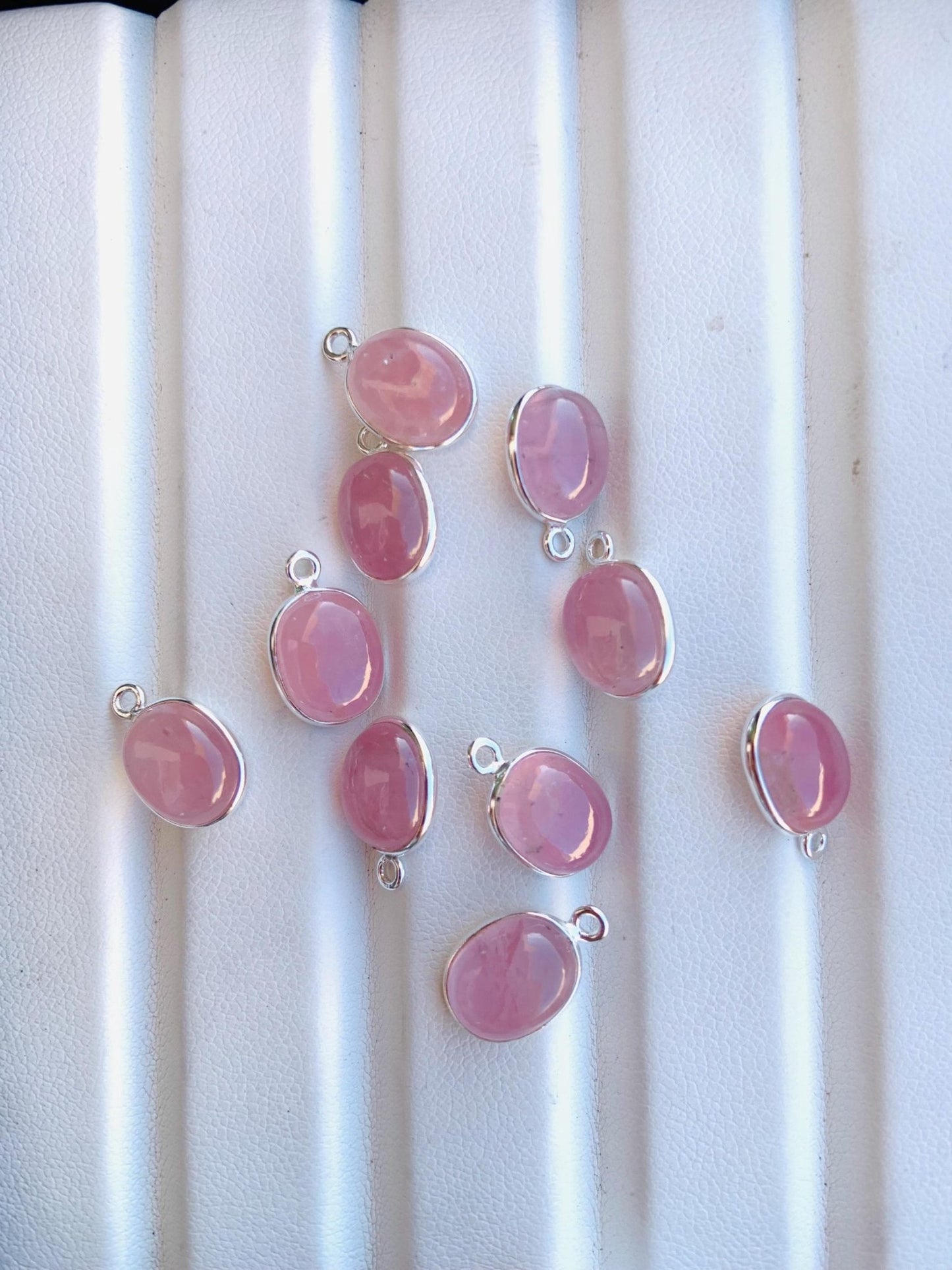 Rose Quart Silver & Gold Bezel Connectors ~ Oval shape Charms ~ Link Components for Earrings, Bracelets, Jewelry Making supplies - BeadsBoatInc