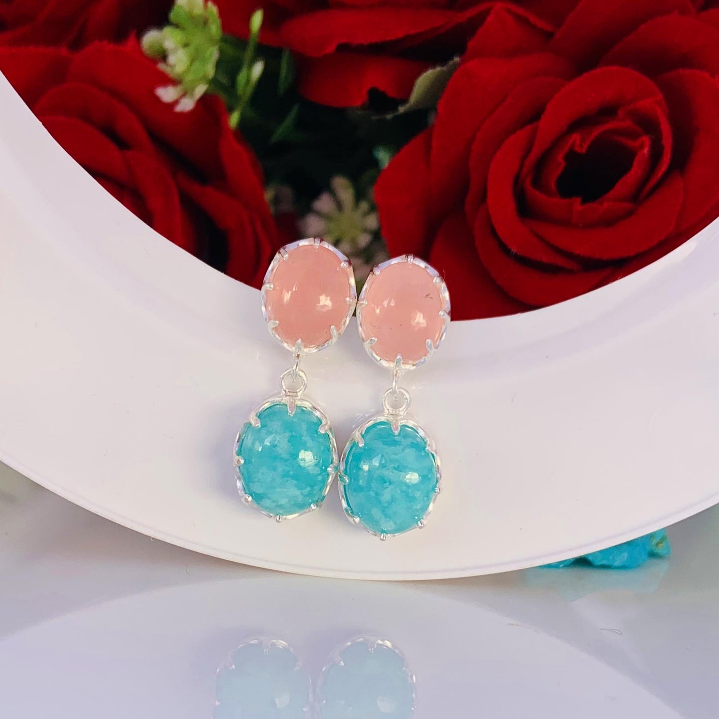 Rose Quartz & Amazonite Drop Earrings – Sterling Silver Dangle Studs for Women - BeadsBoatInc