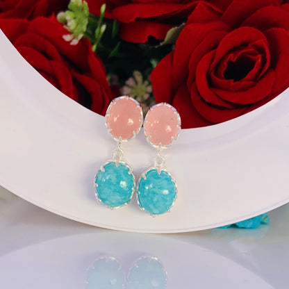 Rose Quartz & Amazonite Drop Earrings – Sterling Silver Dangle Studs for Women - BeadsBoatInc