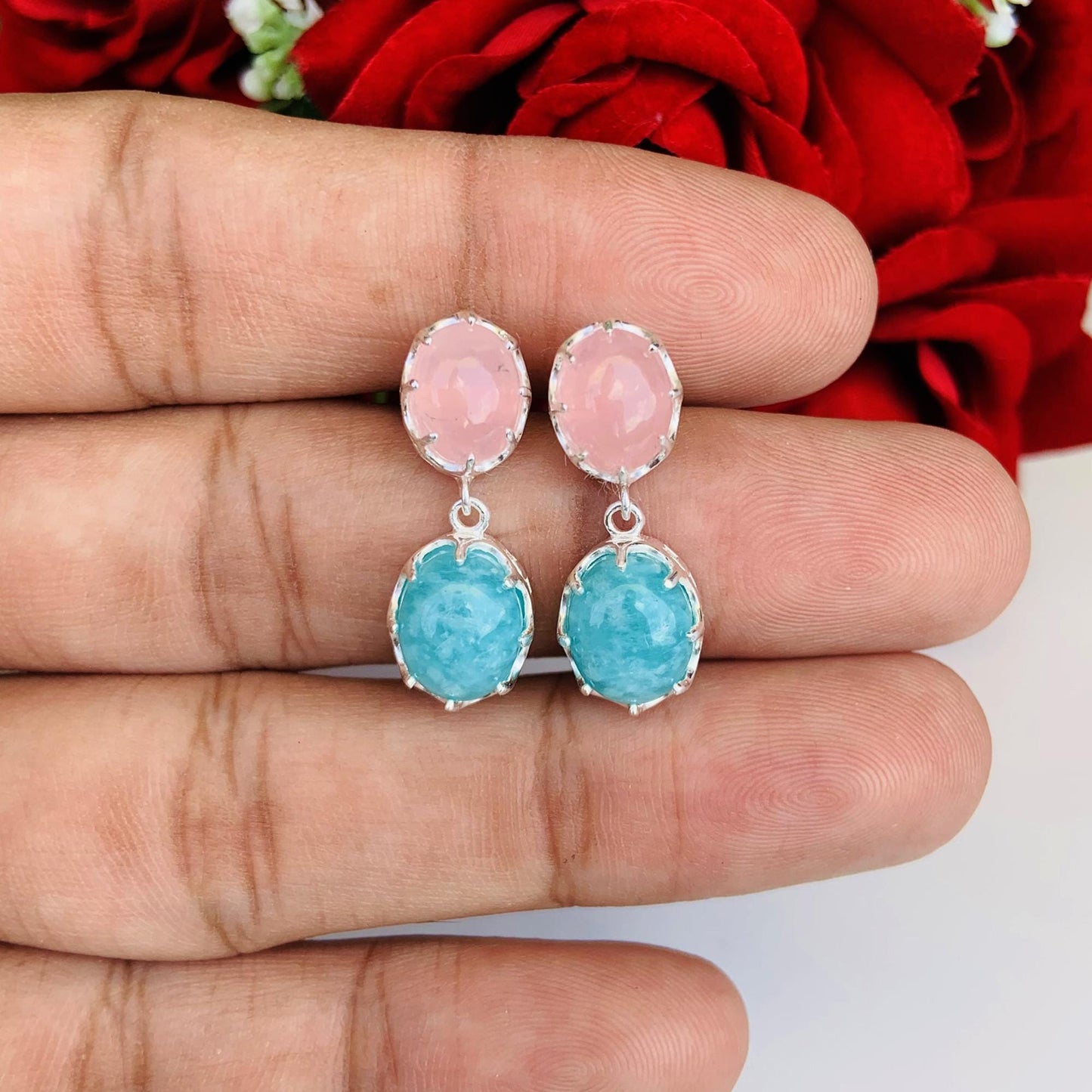 Rose Quartz & Amazonite Drop Earrings – Sterling Silver Dangle Studs for Women - BeadsBoatInc