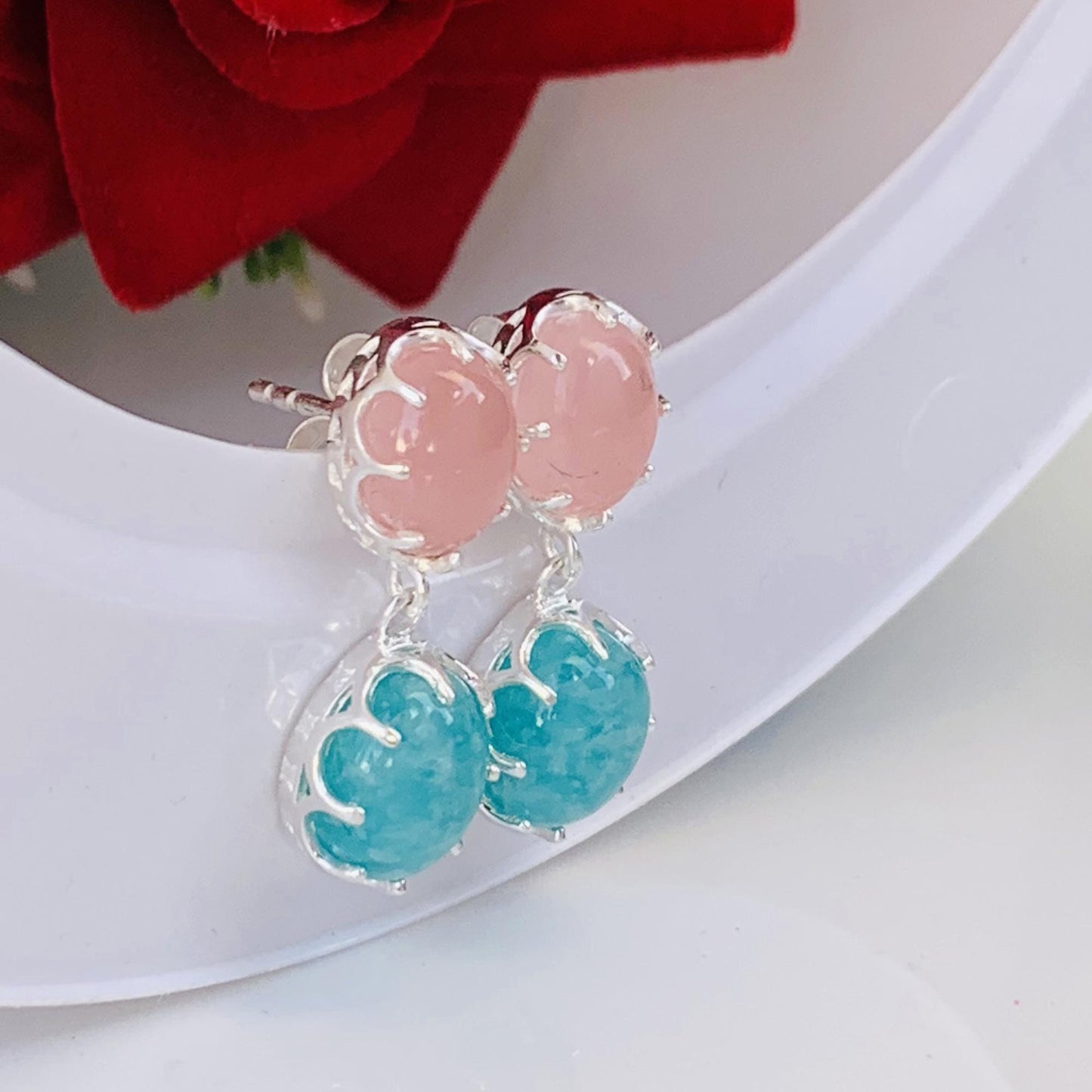 Rose Quartz & Amazonite Drop Earrings – Sterling Silver Dangle Studs for Women - BeadsBoatInc