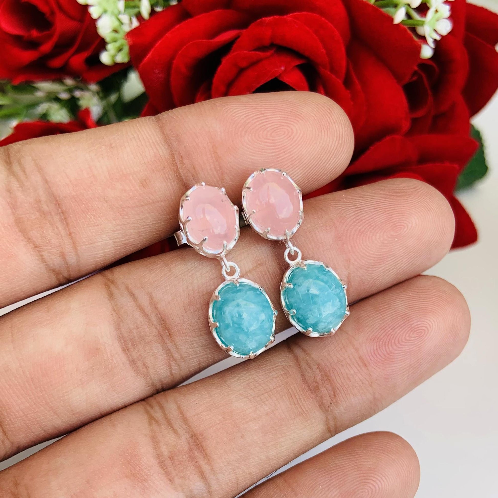 Rose Quartz & Amazonite Drop Earrings – Sterling Silver Dangle Studs for Women - BeadsBoatInc