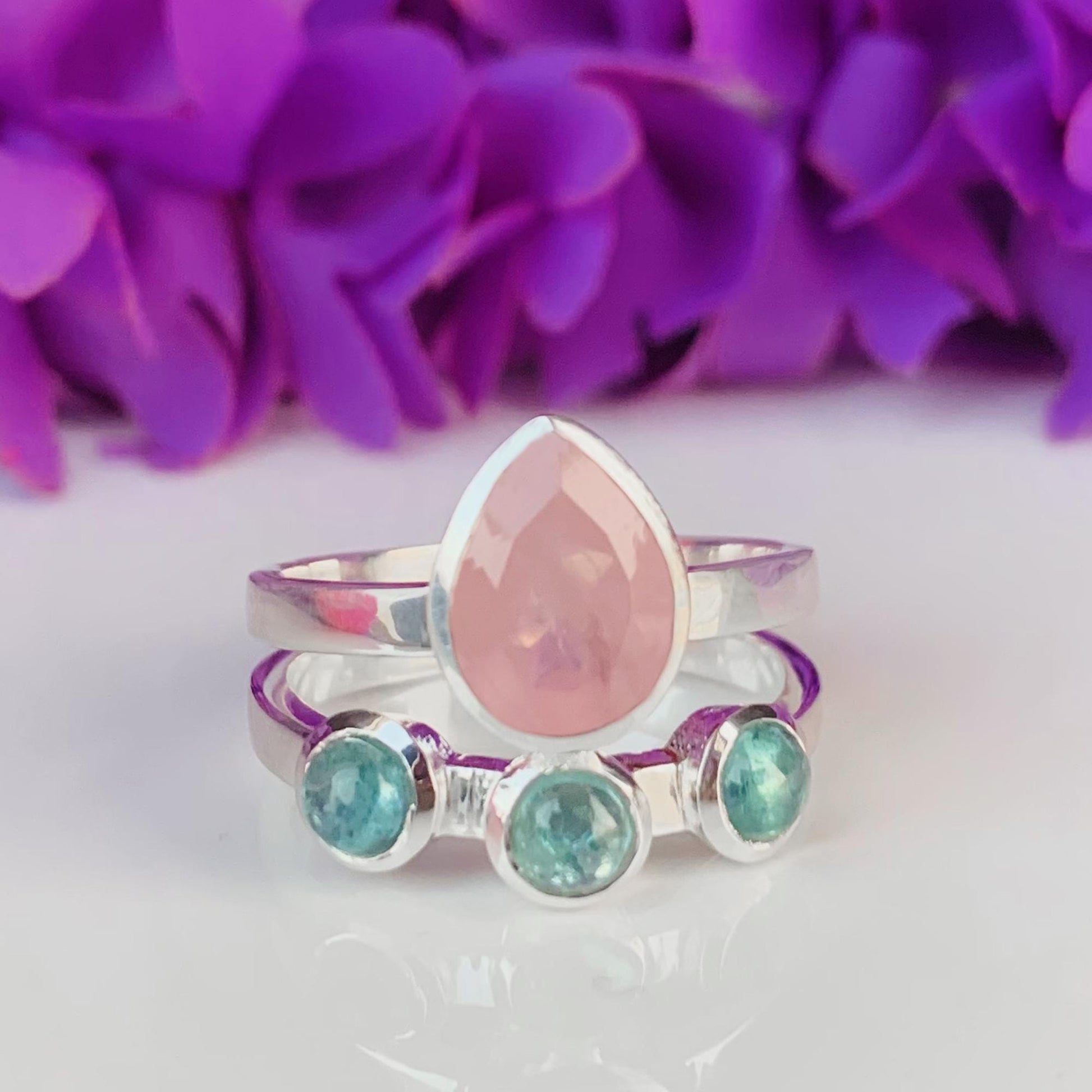 Rose Quartz & Kyanite Chevron 925 Silver Ring – Elegant Women’s Gift - BeadsBoatInc