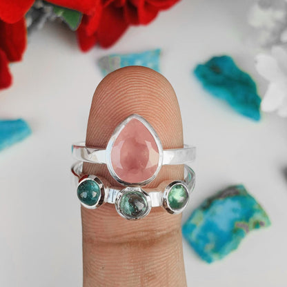 Rose Quartz & Kyanite Chevron 925 Silver Ring – Elegant Women’s Gift - BeadsBoatInc
