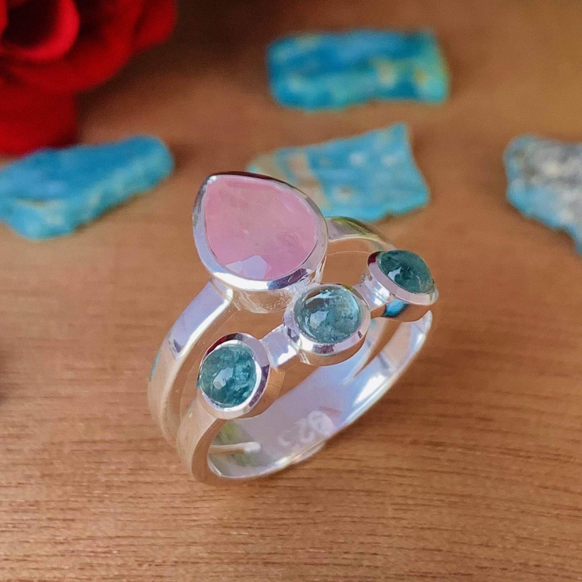 Rose Quartz & Kyanite Chevron 925 Silver Ring – Elegant Women’s Gift - BeadsBoatInc