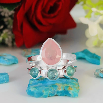 Rose Quartz & Kyanite Chevron 925 Silver Ring – Elegant Women’s Gift - BeadsBoatInc