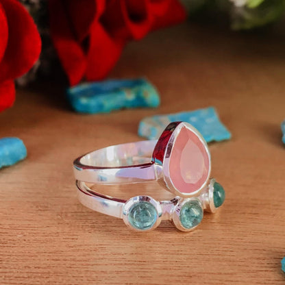 Rose Quartz & Kyanite Chevron 925 Silver Ring – Elegant Women’s Gift - BeadsBoatInc
