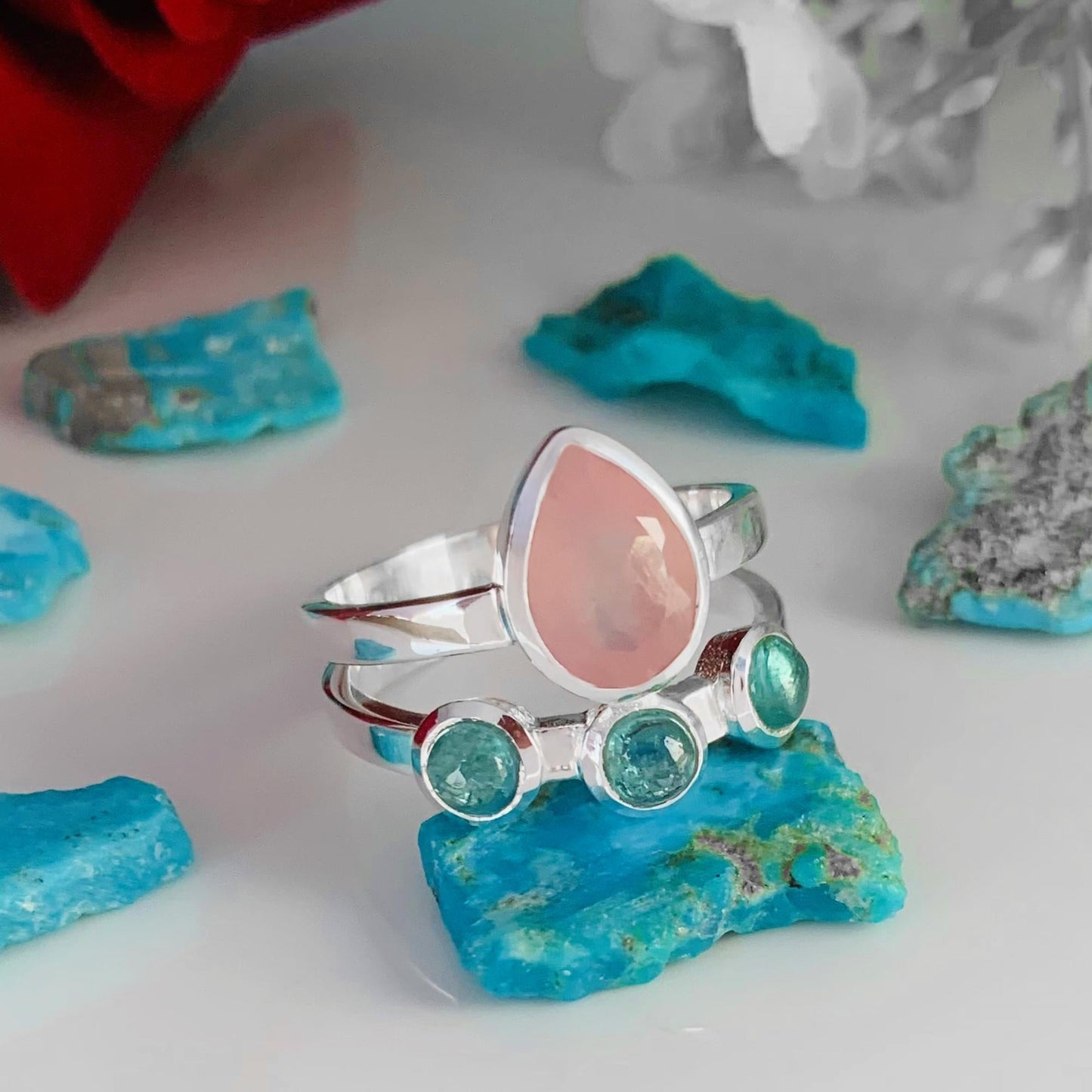 Rose Quartz & Kyanite Chevron 925 Silver Ring – Elegant Women’s Gift - BeadsBoatInc