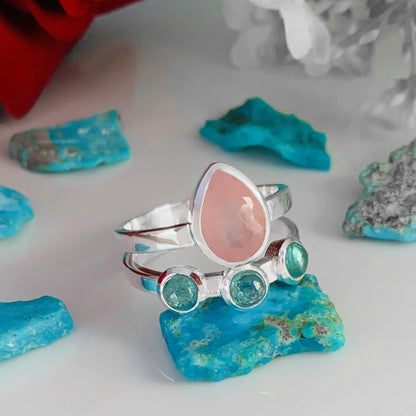 Rose Quartz & Kyanite Chevron 925 Silver Ring – Elegant Women’s Gift - BeadsBoatInc