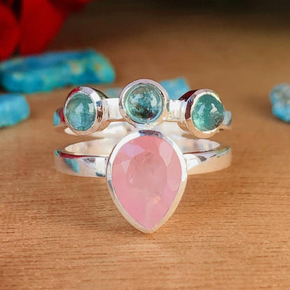 Rose Quartz & Kyanite Chevron 925 Silver Ring – Elegant Women’s Gift - BeadsBoatInc