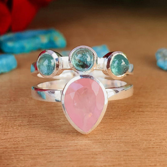 Rose Quartz & Kyanite Chevron 925 Silver Ring – Elegant Women’s Gift - BeadsBoatInc