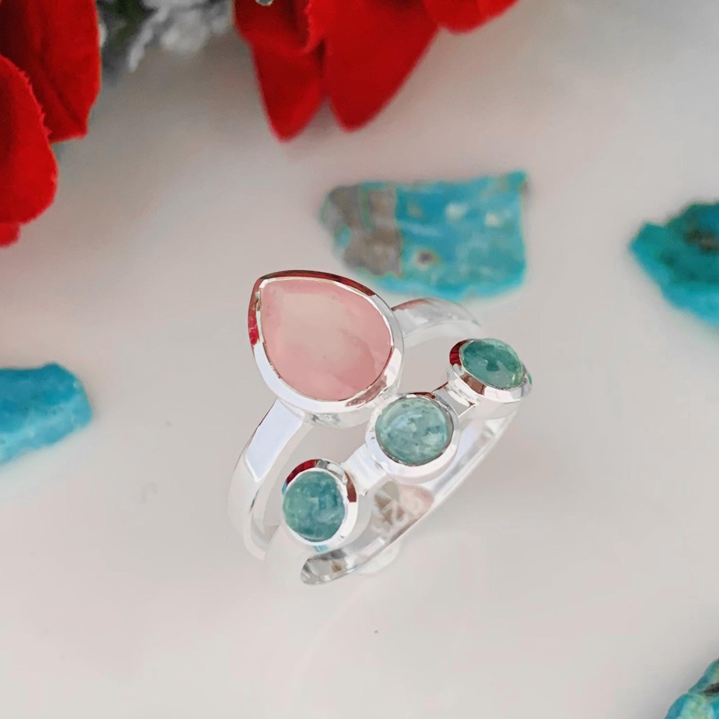 Rose Quartz & Kyanite Chevron 925 Silver Ring – Elegant Women’s Gift - BeadsBoatInc