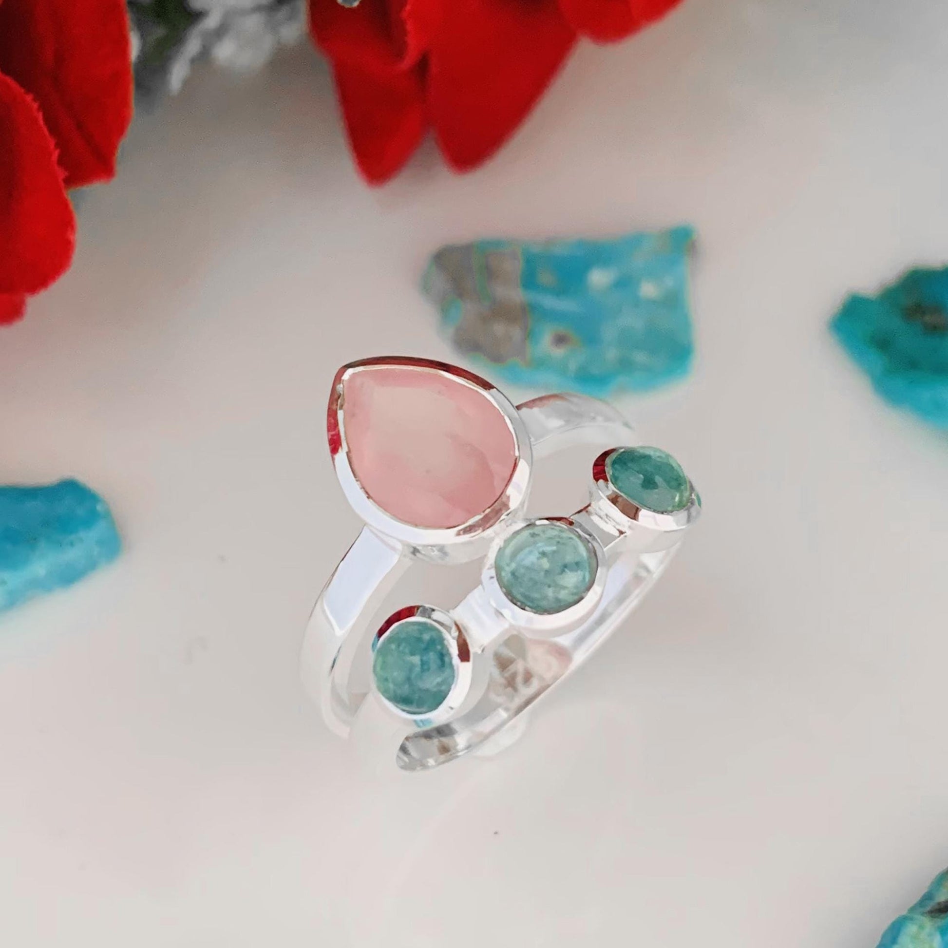 Rose Quartz & Kyanite Chevron 925 Silver Ring – Elegant Women’s Gift - BeadsBoatInc