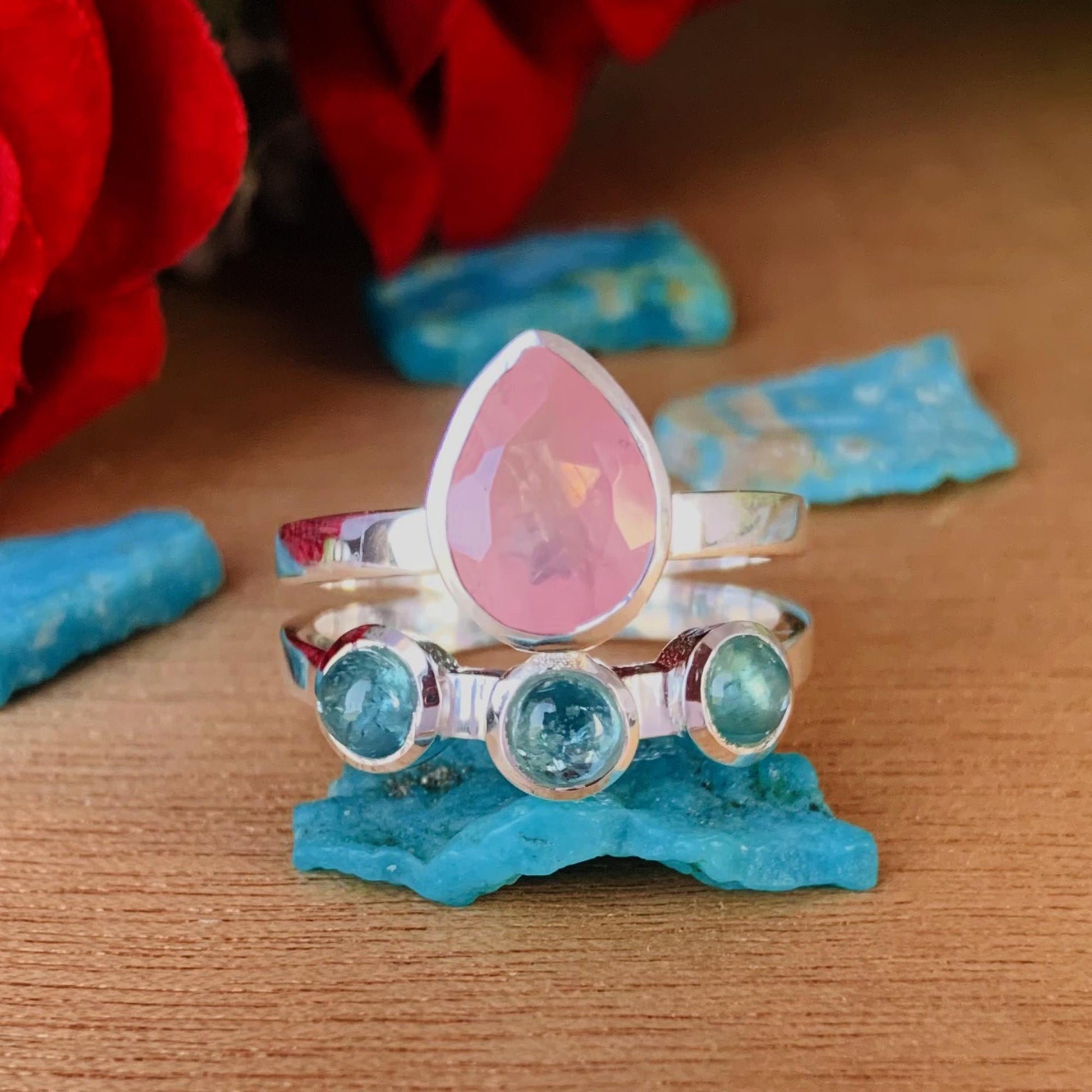 Rose Quartz & Kyanite Chevron 925 Silver Ring – Elegant Women’s Gift - BeadsBoatInc