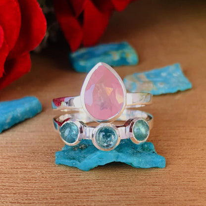 Rose Quartz & Kyanite Chevron 925 Silver Ring – Elegant Women’s Gift - BeadsBoatInc