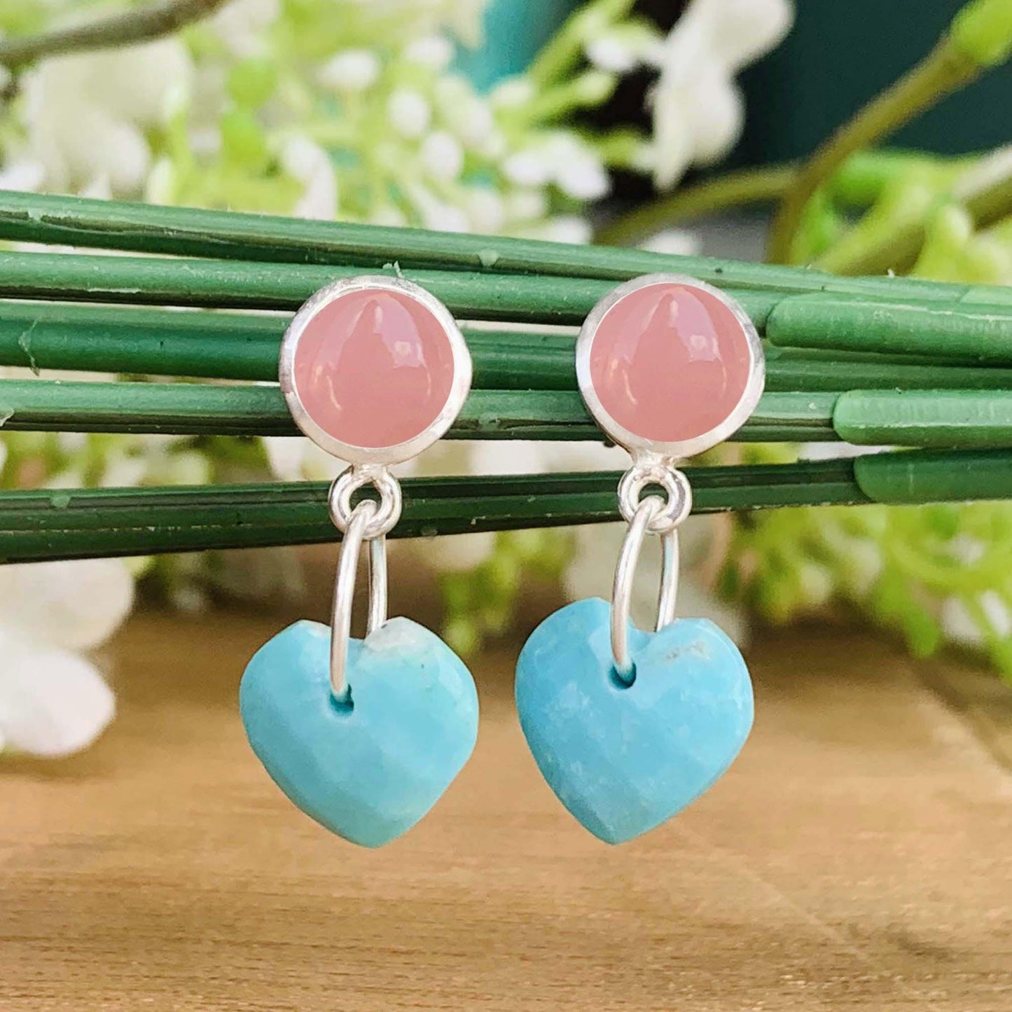 Rose Quartz & Turquoise Heart Dangle Earrings | Sterling Silver Handmade Earrings | Elegant Gift for Her | Available in Gold and Rose Gold - BeadsBoatInc