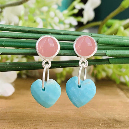 Rose Quartz & Turquoise Heart Dangle Earrings | Sterling Silver Handmade Earrings | Elegant Gift for Her | Available in Gold and Rose Gold - BeadsBoatInc