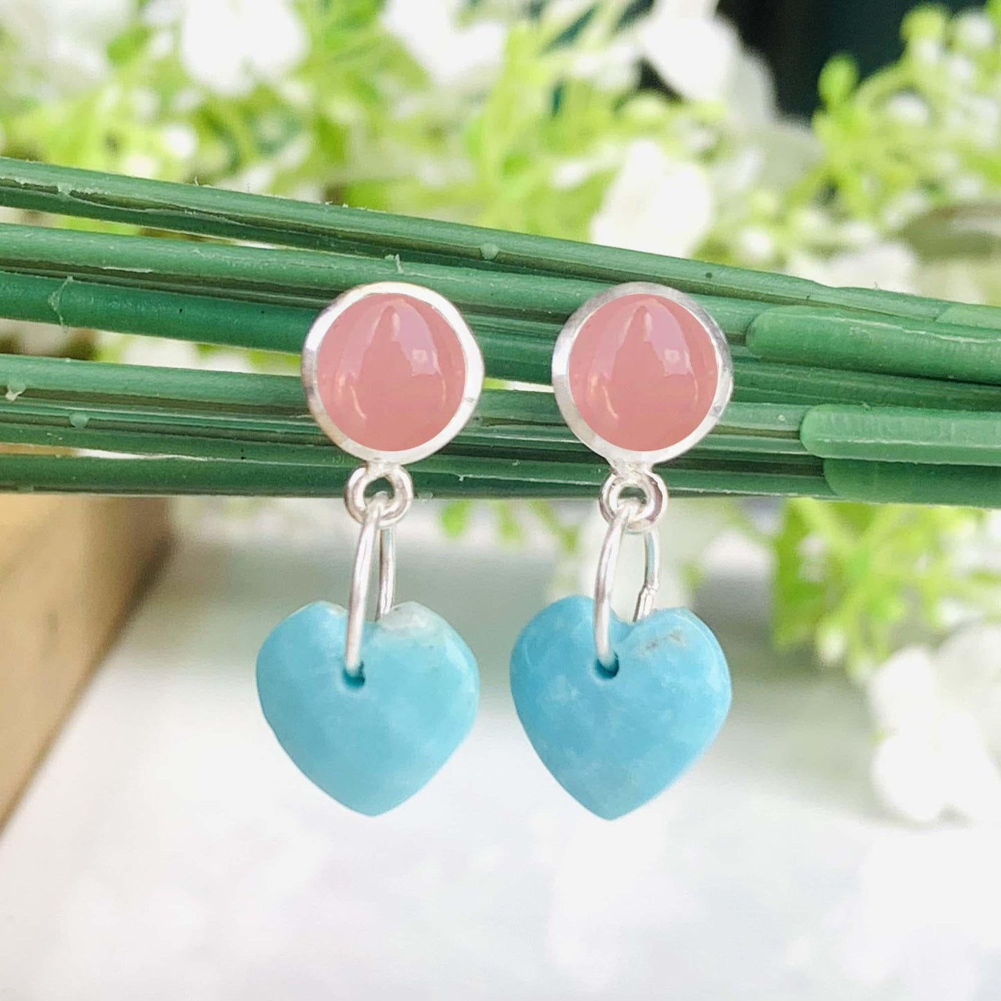 Rose Quartz & Turquoise Heart Dangle Earrings | Sterling Silver Handmade Earrings | Elegant Gift for Her | Available in Gold and Rose Gold - BeadsBoatInc