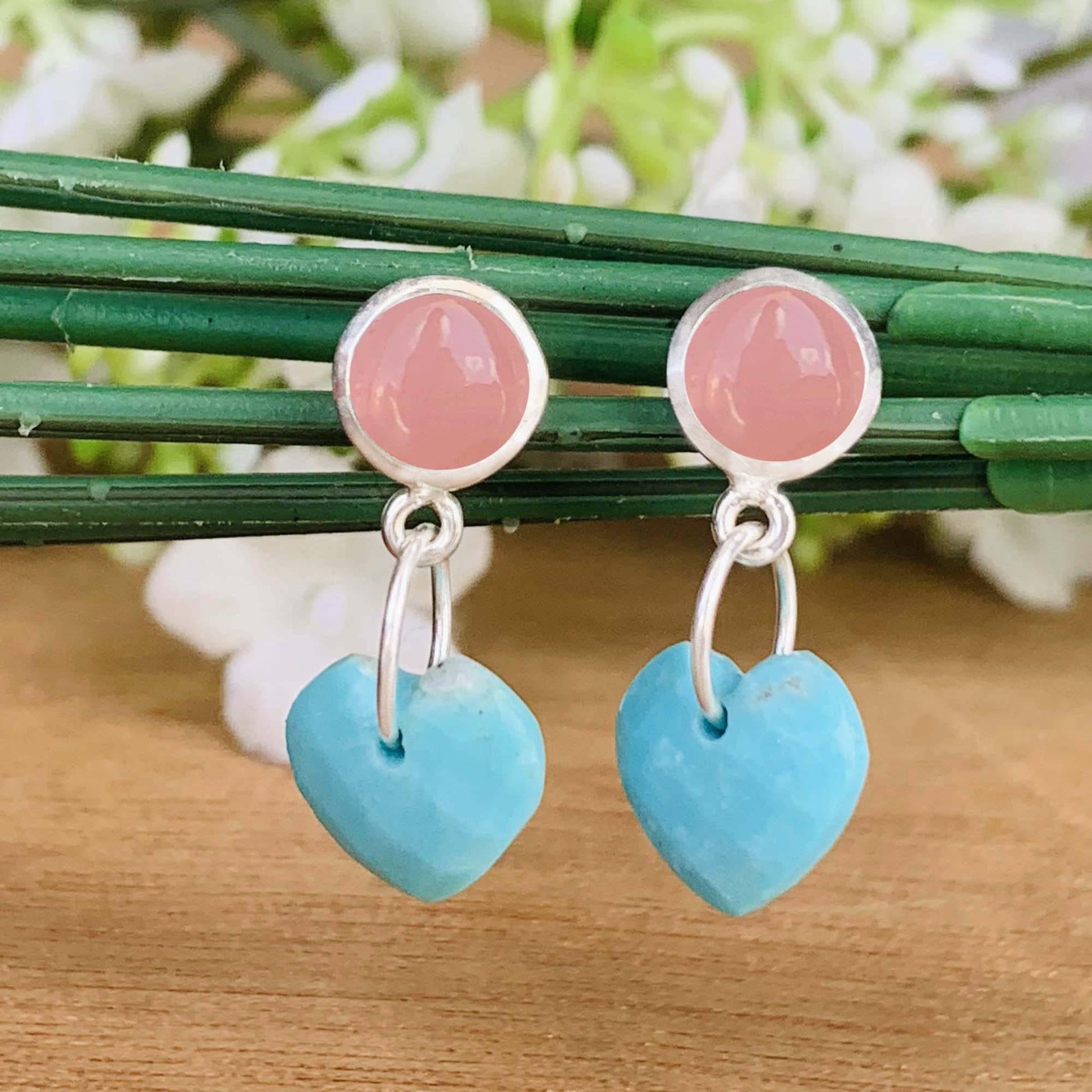 Rose Quartz & Turquoise Heart Dangle Earrings | Sterling Silver Handmade Earrings | Elegant Gift for Her | Available in Gold and Rose Gold - BeadsBoatInc