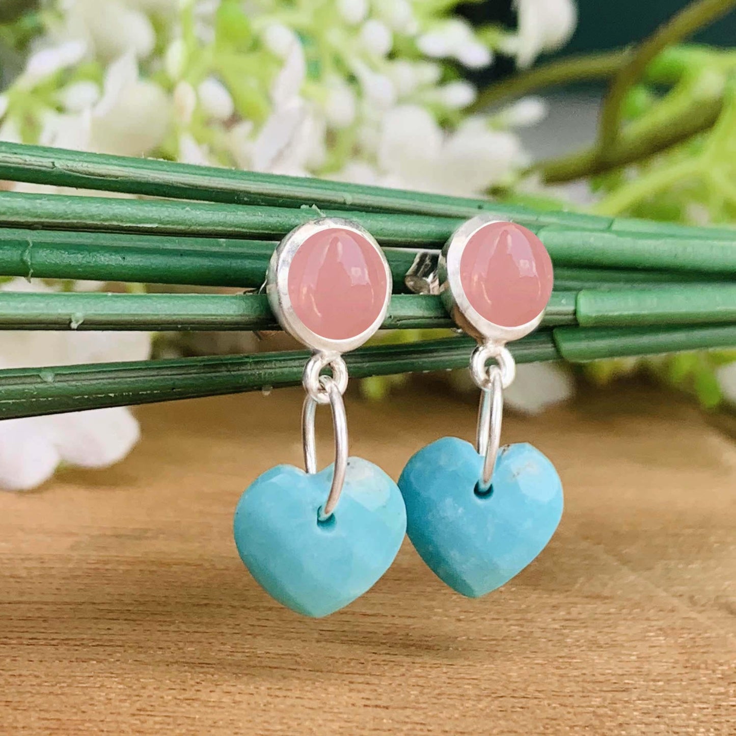 Rose Quartz & Turquoise Heart Dangle Earrings | Sterling Silver Handmade Earrings | Elegant Gift for Her | Available in Gold and Rose Gold - BeadsBoatInc