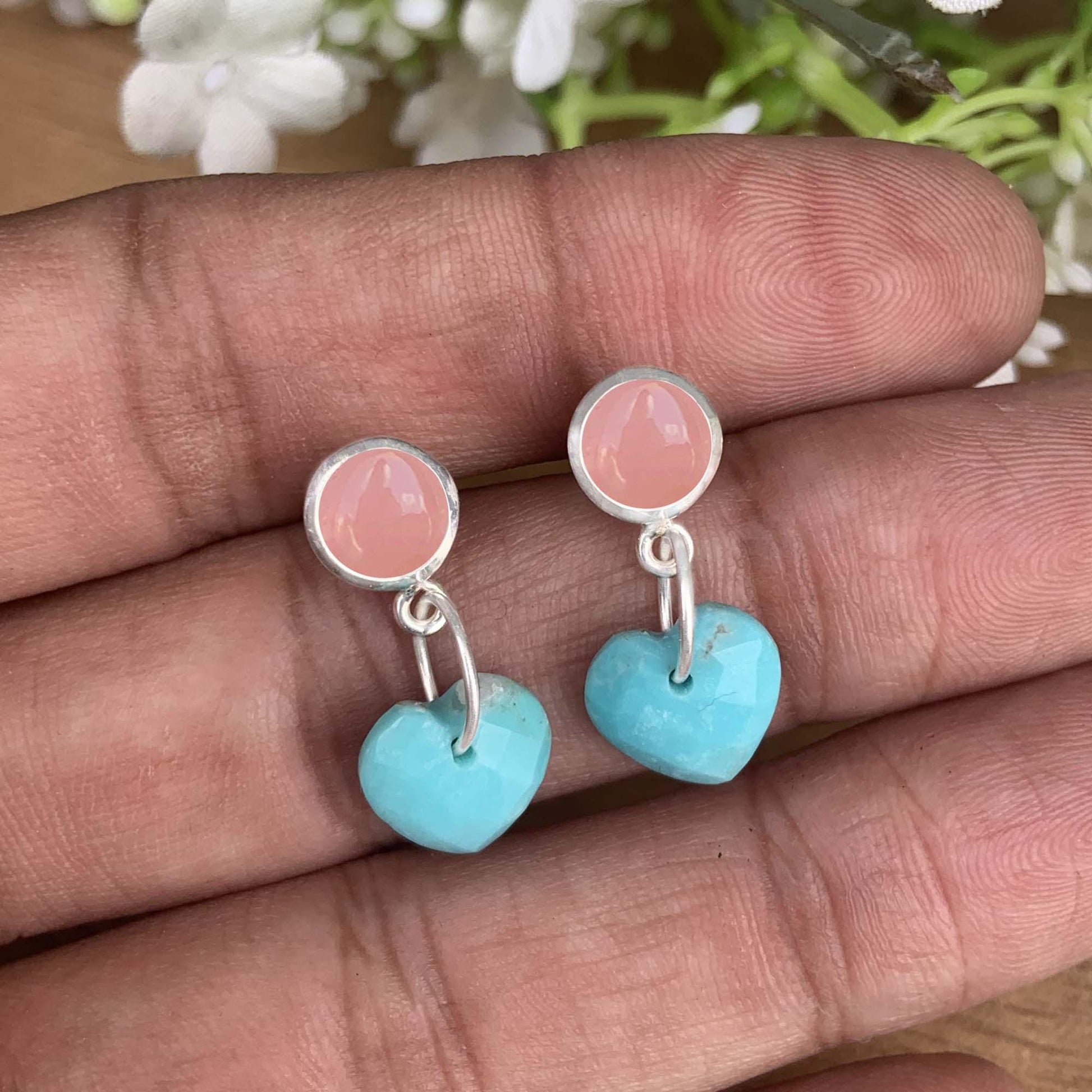 Rose Quartz & Turquoise Heart Dangle Earrings | Sterling Silver Handmade Earrings | Elegant Gift for Her | Available in Gold and Rose Gold - BeadsBoatInc