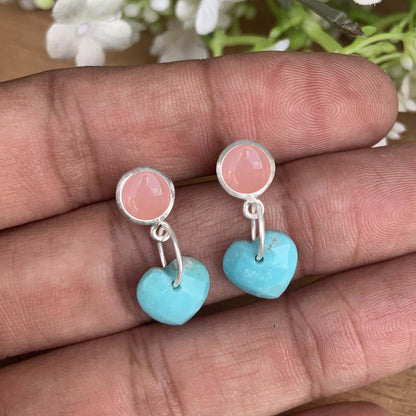 Rose Quartz & Turquoise Heart Dangle Earrings | Sterling Silver Handmade Earrings | Elegant Gift for Her | Available in Gold and Rose Gold - BeadsBoatInc