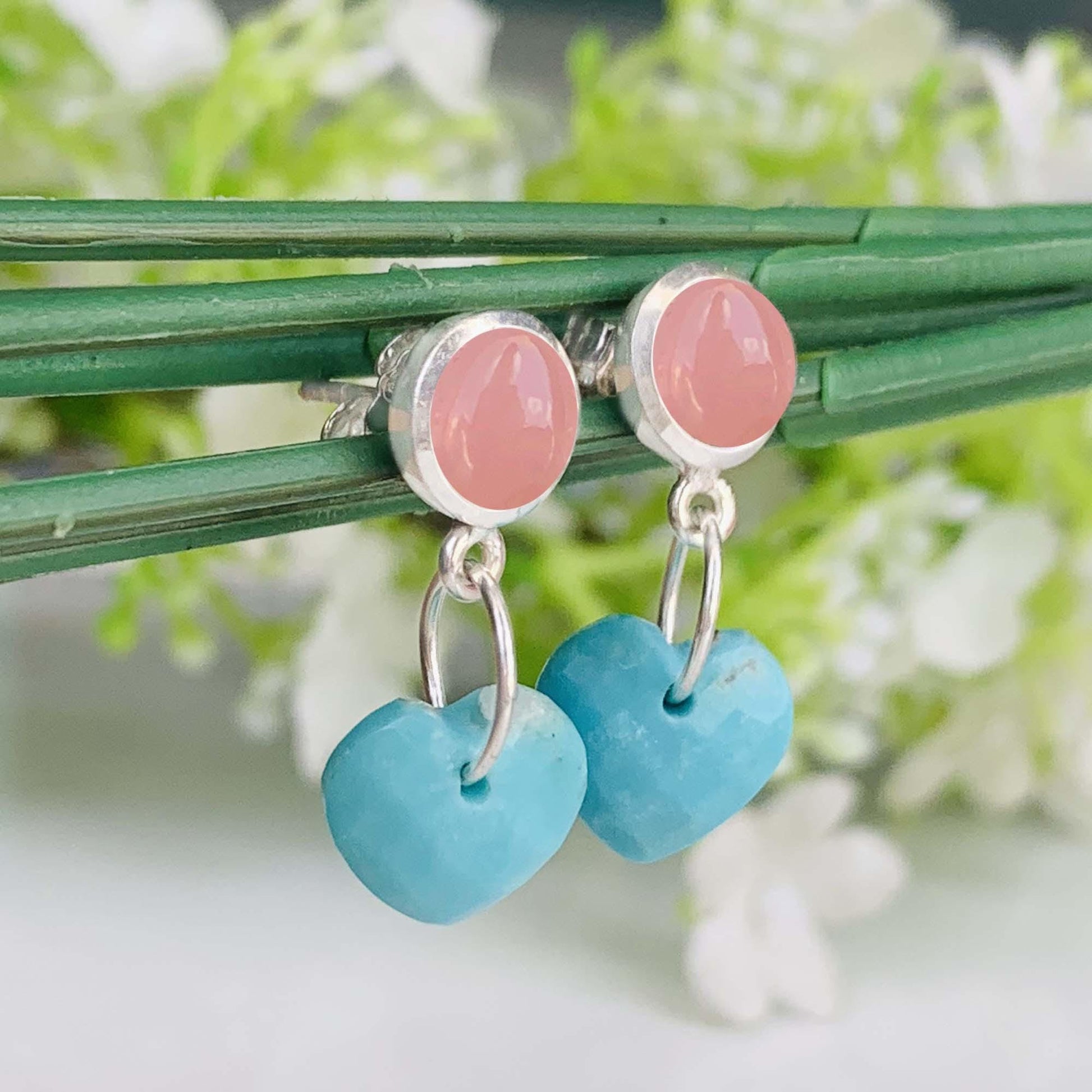 Rose Quartz & Turquoise Heart Dangle Earrings | Sterling Silver Handmade Earrings | Elegant Gift for Her | Available in Gold and Rose Gold - BeadsBoatInc
