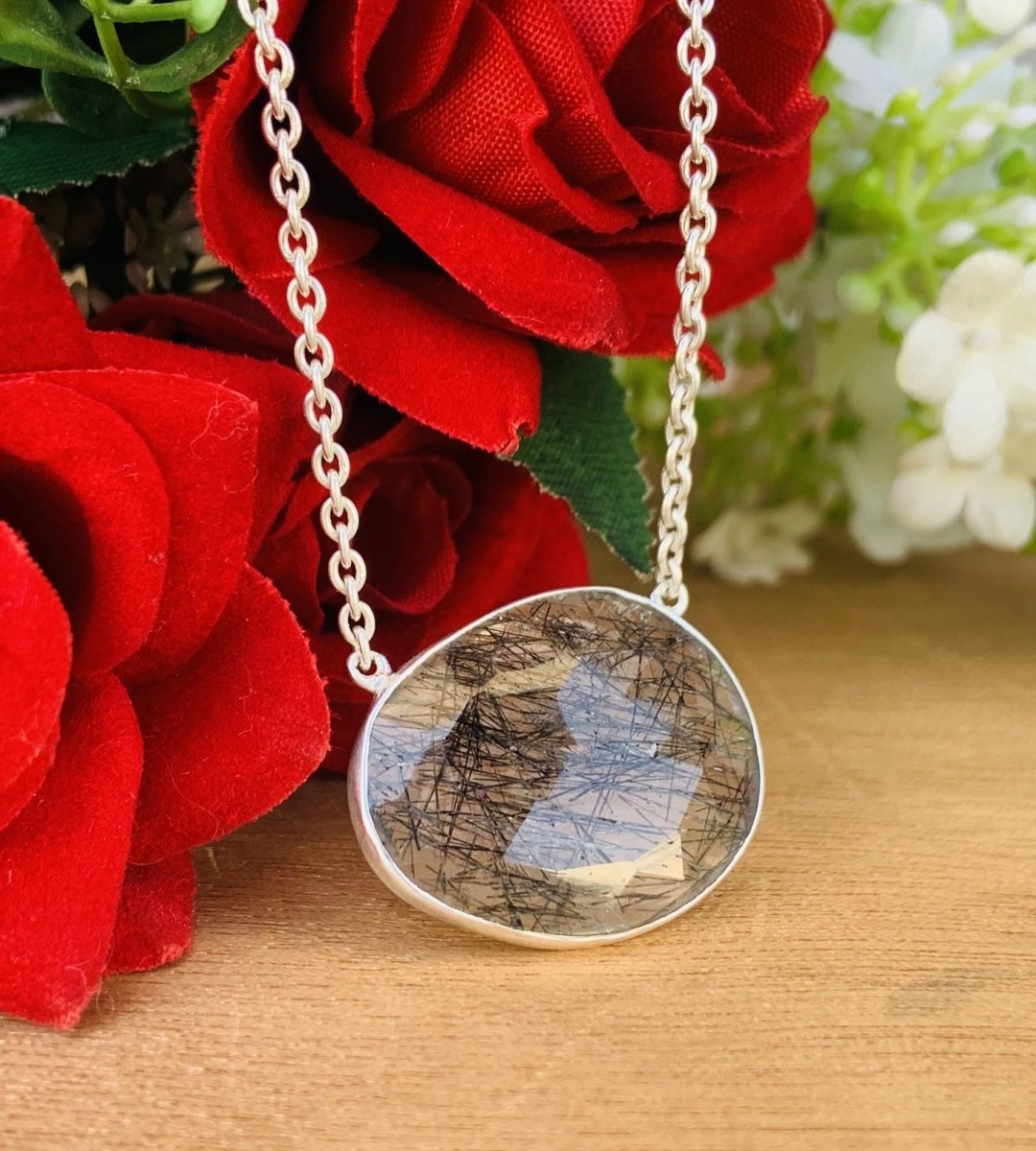 Rosecut Black Rutile Necklace – Vermeil Gold Jewelry - BeadsBoatInc