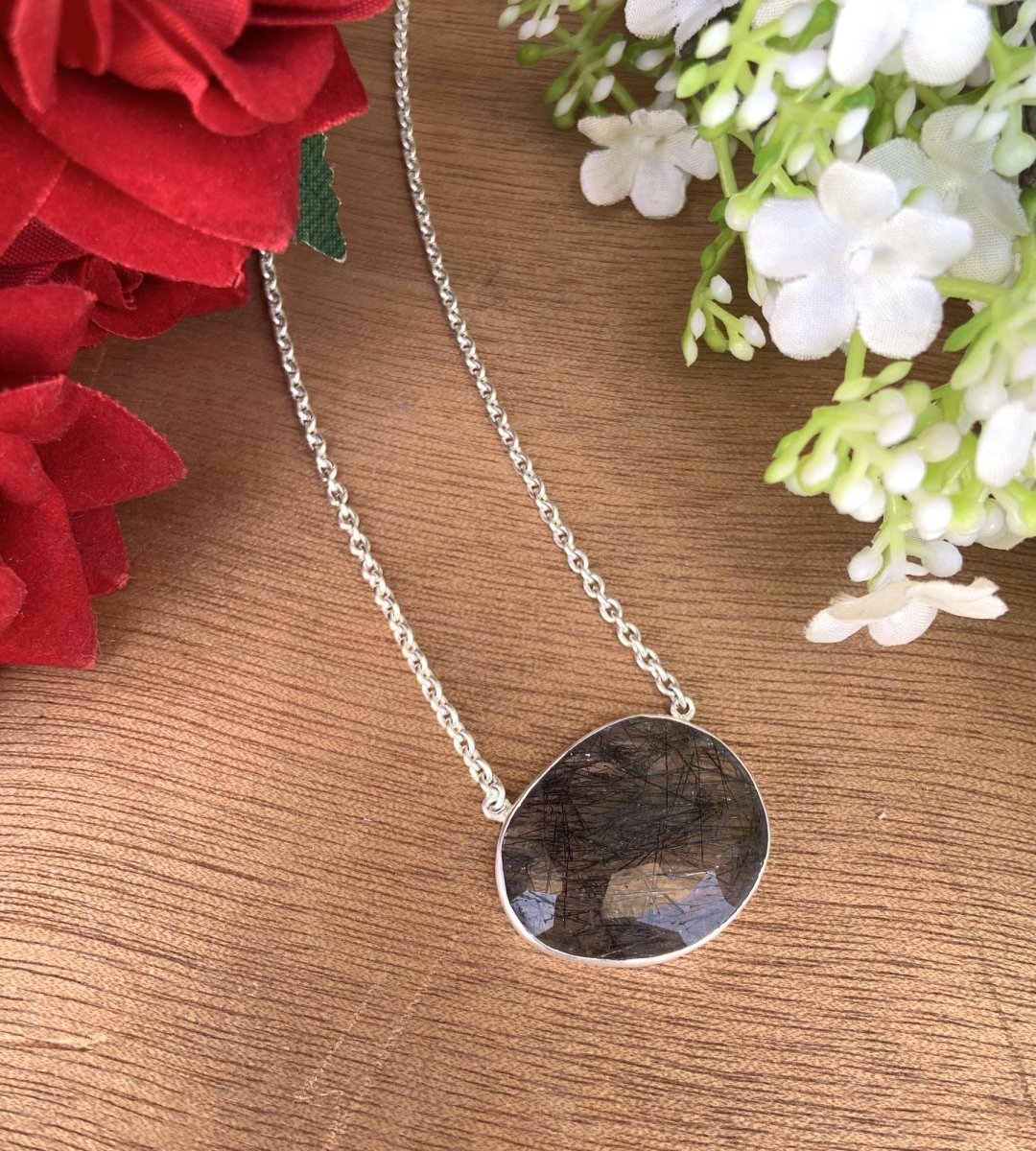 Rosecut Black Rutile Necklace – Vermeil Gold Jewelry - BeadsBoatInc