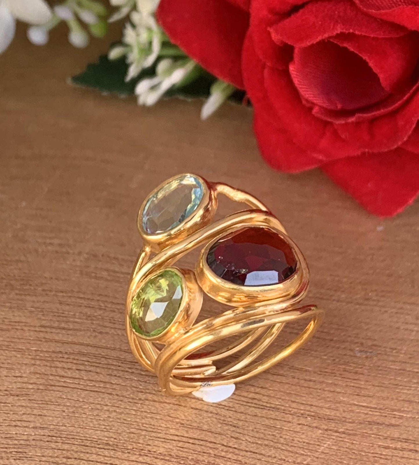 Rosecut Garnet Peridot Blue Topaz Ring | Wrapped Silver Vermeil Gold Ring - BeadsBoatInc