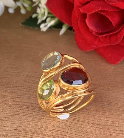 Rosecut Garnet Peridot Blue Topaz Ring | Wrapped Silver Vermeil Gold Ring - BeadsBoatInc