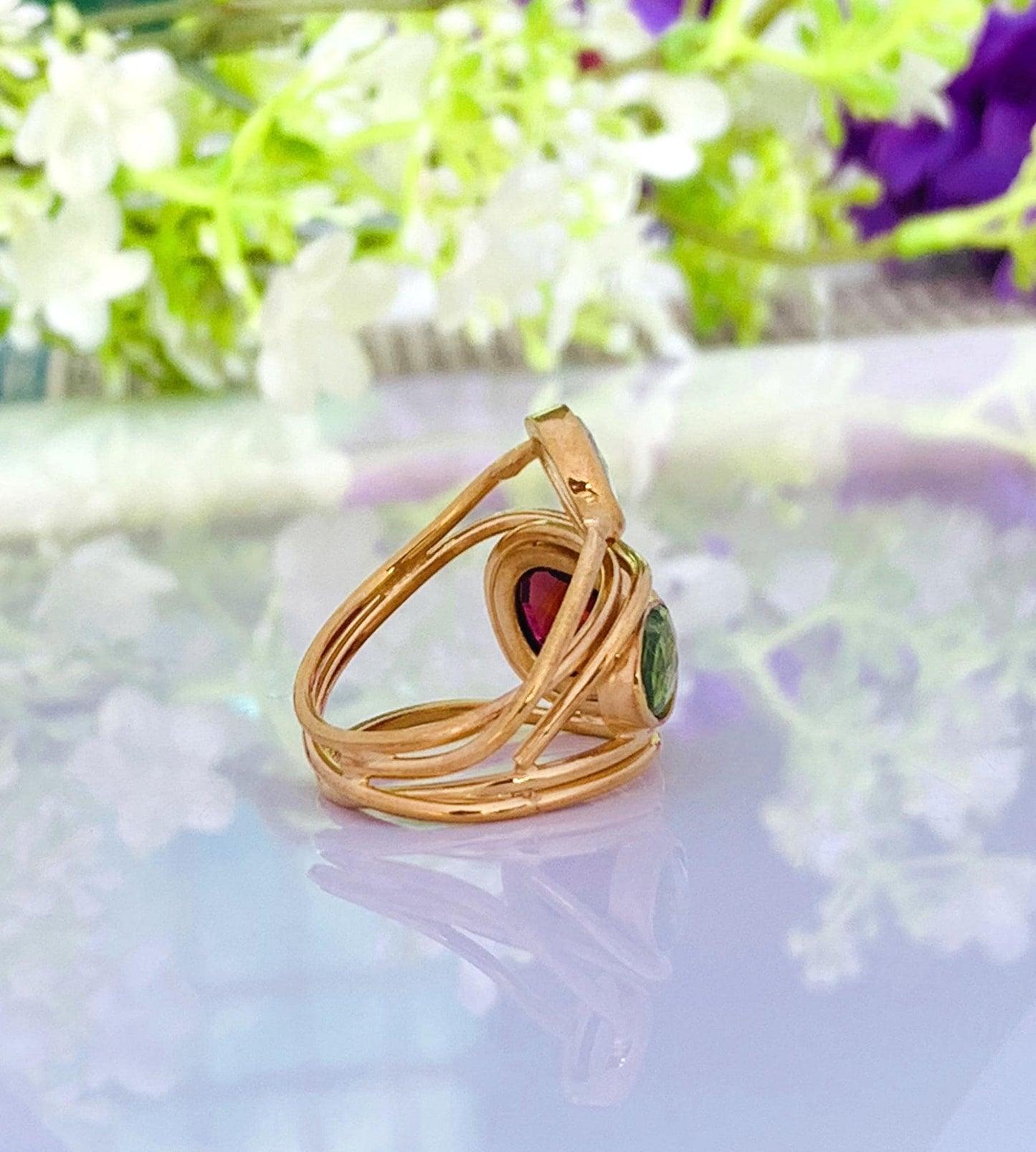 Rosecut Garnet Peridot Blue Topaz Ring | Wrapped Silver Vermeil Gold Ring - BeadsBoatInc